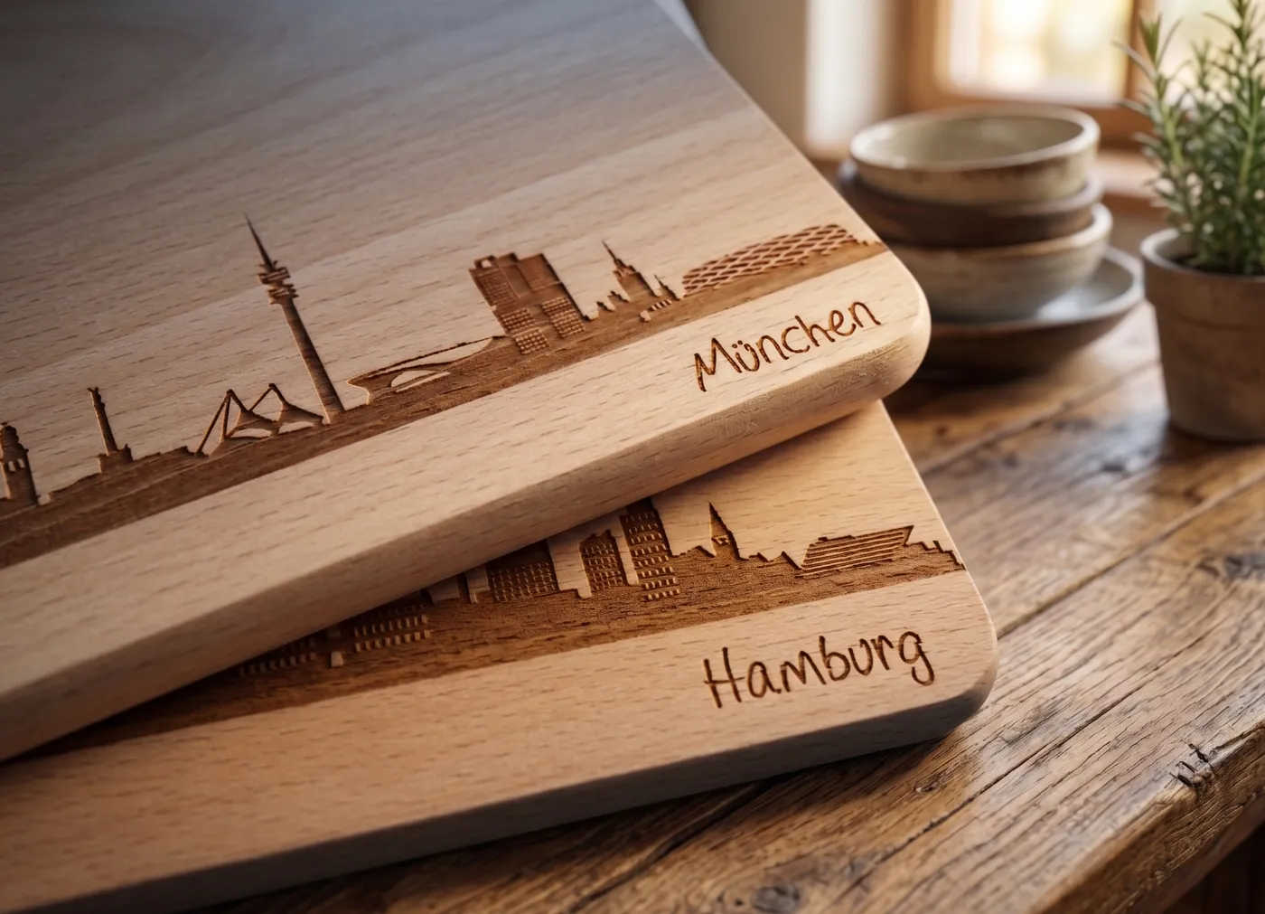 München und Hamburg Skylinebrett auf Buchenholz — Lasergravur Nahaufnahme